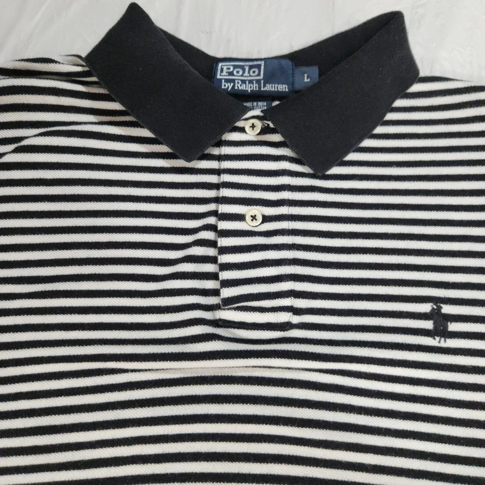 Vintage Polo Ralph Lauren Mens Shirt Size Large Short Sleeve Striped Black White